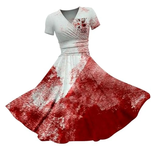 HUIFUAO Costume Women for Halloween Scary I'm Fine Bloody Fancy Dress Plus Size Halloween Dress V Neck Short Sleeve Evening Party Horror Festival Clothing Outfits (Red #6, XXL)