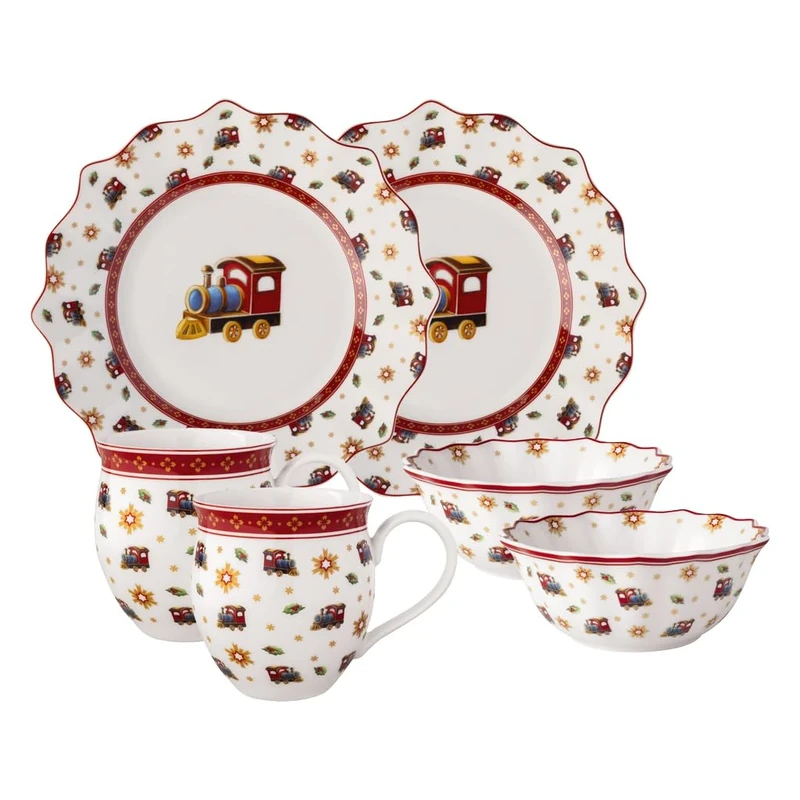 Villeroy & Boch - Toy's Delight Breakfast Set for 2 Locomotive 6 Pieces Multicoloured, Christmas, Crockery Set with Breakfast Plates, Cups and Bowls, Christmas Dishes, Premium Porcelain