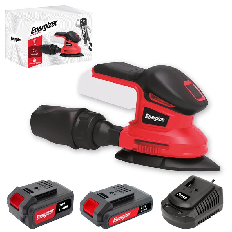 Energizer - Multi-Function Triangular Cordless Vibrating Sander 20V Battery (Included) - 10000 OPM, Vacuum Cleaner Dust Collector Bag, 10 Pads Included (P60/80/120) DIY & Finishing