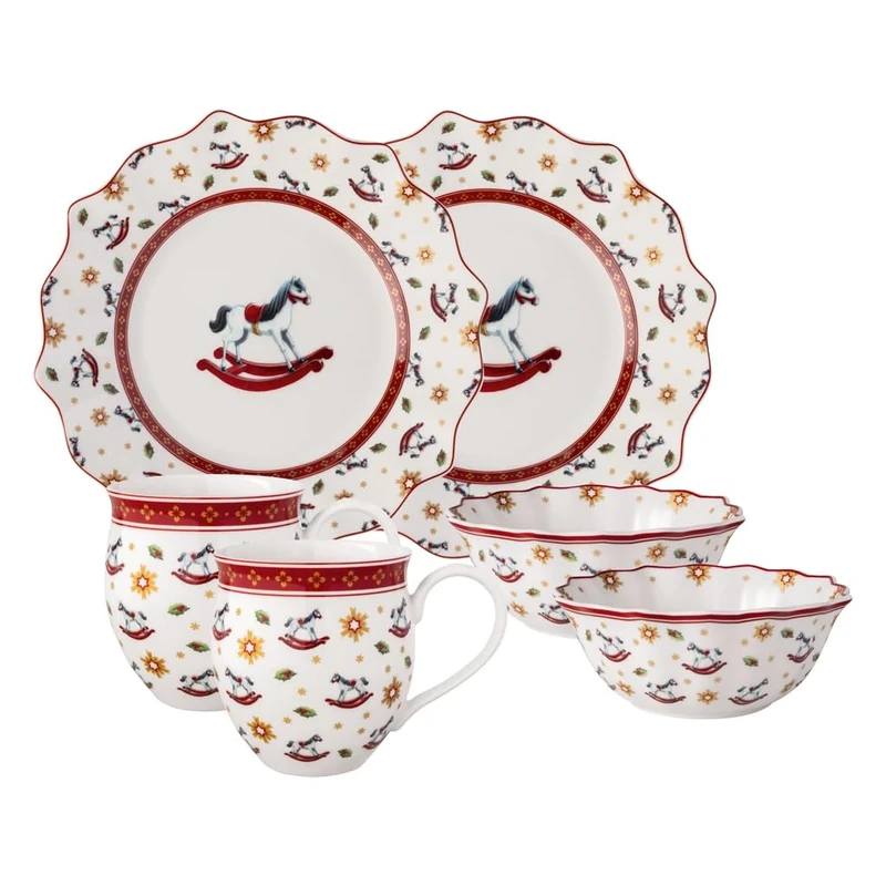 Villeroy & Boch - Toy's Delight Breakfast Set for 2 Rocking Horse 6 Pieces Multicoloured, Christmas, Crockery Set with Breakfast Plates, Cups and Bowls, Christmas Dishes, Premium Porcelain