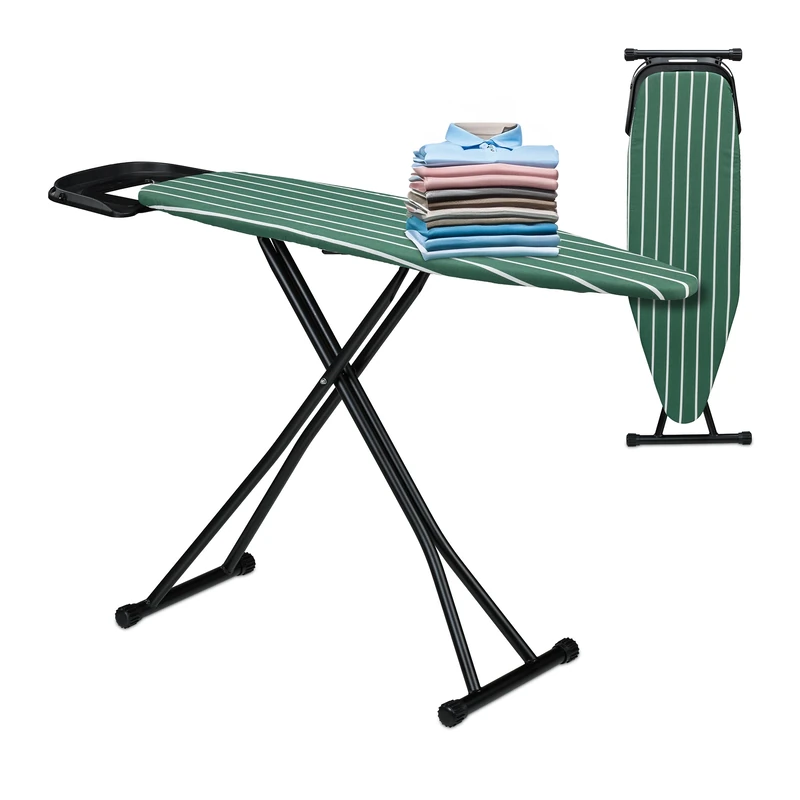 Relaxdays Ironing Board for Steam Irons, 121 x 39 cm, Height Adjustable, Folding, Cotton Cover, Rest, Green/Black