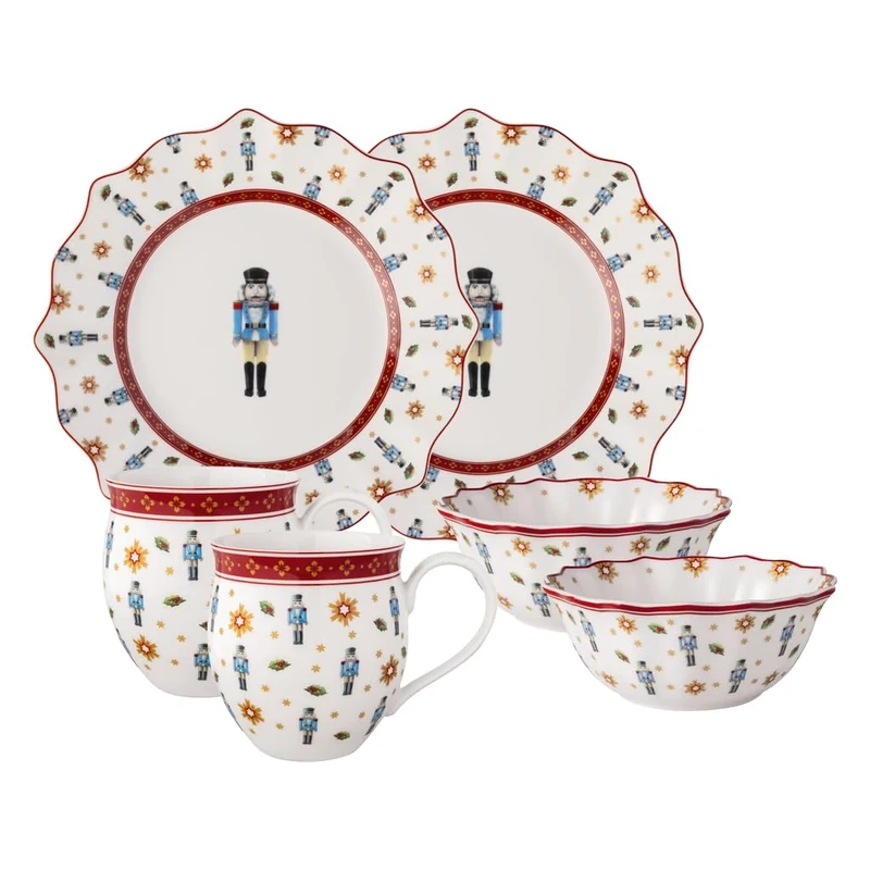 Villeroy & Boch - Toy's Delight Breakfast Set for 2 Nutcracker 6 Pieces Multicoloured, Christmas, Crockery Set with Breakfast Plates, Cups and Bowls, Christmas Dishes, Premium Porcelain