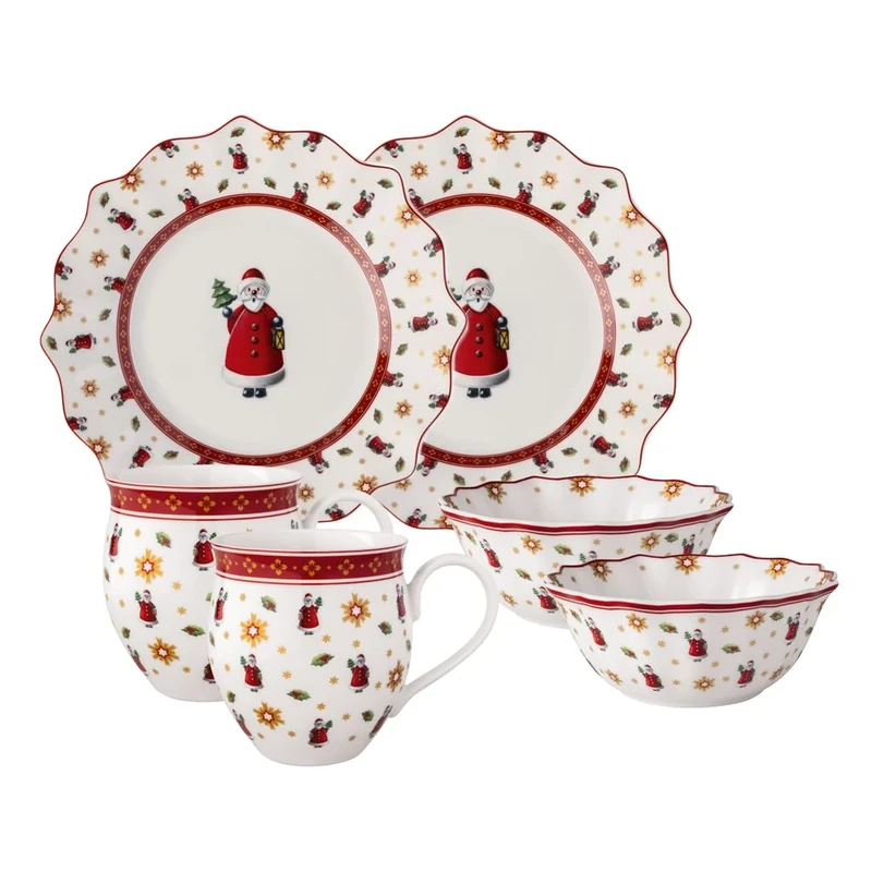 Villeroy & Boch - Toy's Delight Breakfast Set for 2 Santa 6 Pieces Multicoloured, Christmas, Crockery Set with Breakfast Plates, Cups and Bowls, Christmas Dishes, Premium Porcelain