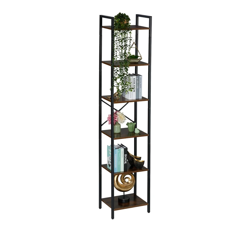 Relaxdays Bookcase, 6 Tiers, 187x40x32 cm, Shelving Unit, Industrial, Open Storage, Free-Standing Bookshelf, Brown/Black, Fibreboard, Iron