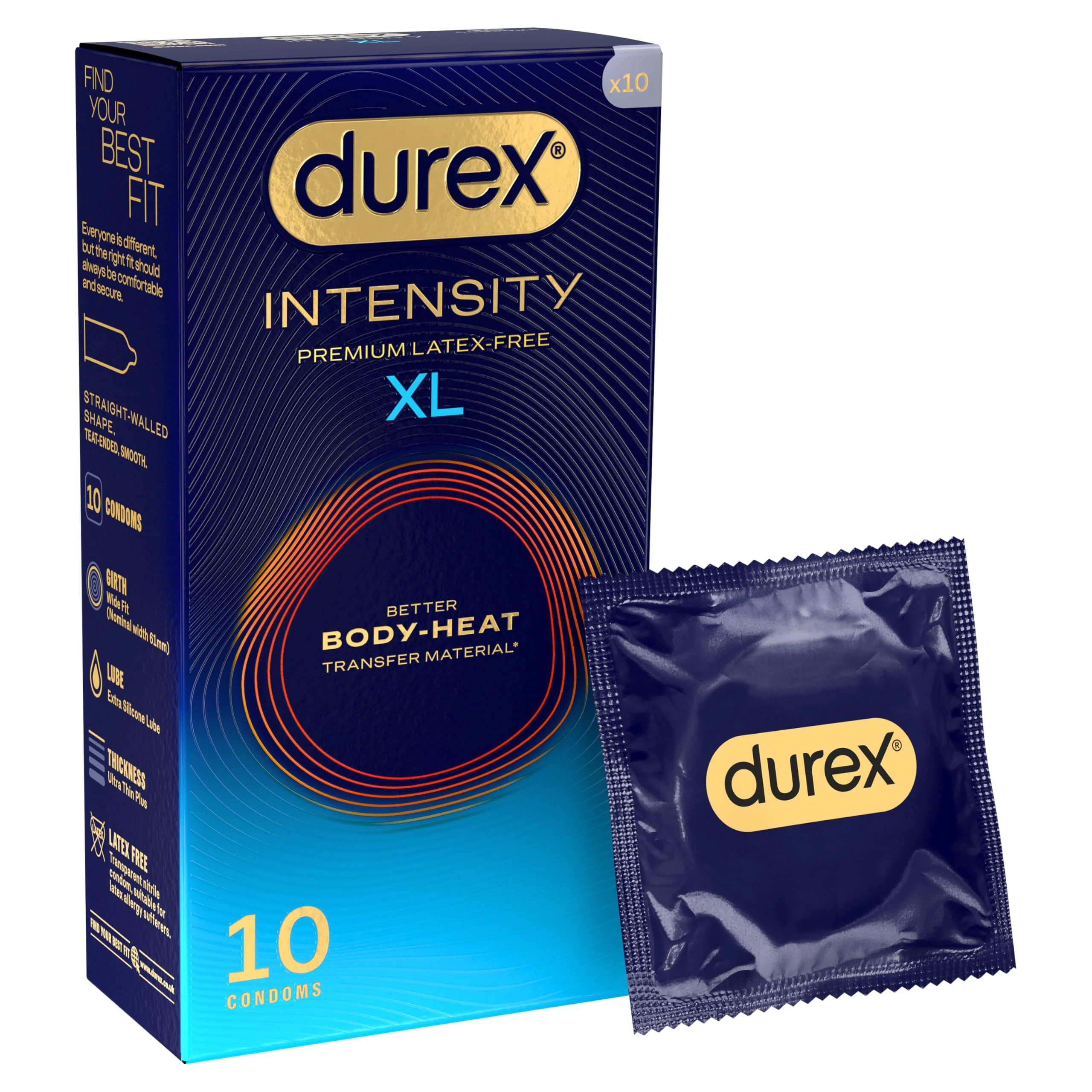 Durex Intensity Condoms, 10s, XL Fit, Better Body Heat Transfer, Latex Free, Ultra Thin Plus, Our Thinnest Condom Yet, Transparent, Moulds to Your Shape