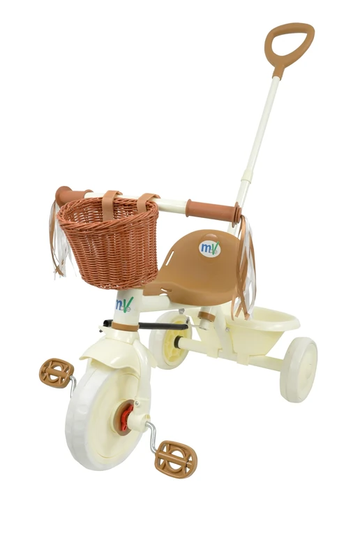 MoVe Girls 53cm Trike with Basket & Tassels | Kids Front Pedal Tricycle with Rear Bucket | Retro Cream & Brown Adjustable Handlebars with Parental Steering Handle