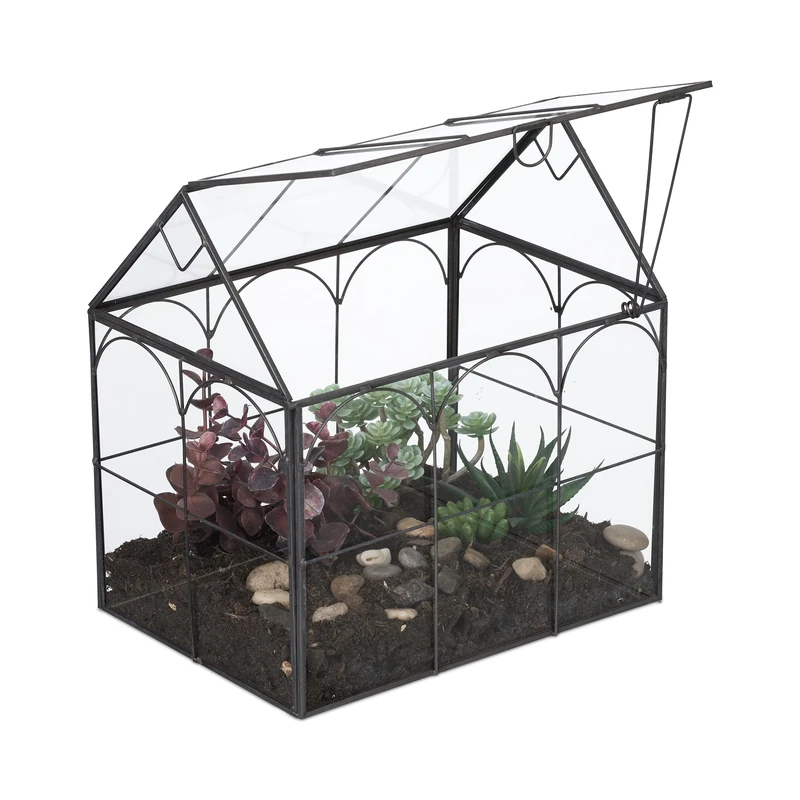Relaxdays Terrarium, Glass & Tin, House Shape, Succulents & Air Plants, Mini Greenhouse, Decor for Windowsill, Black