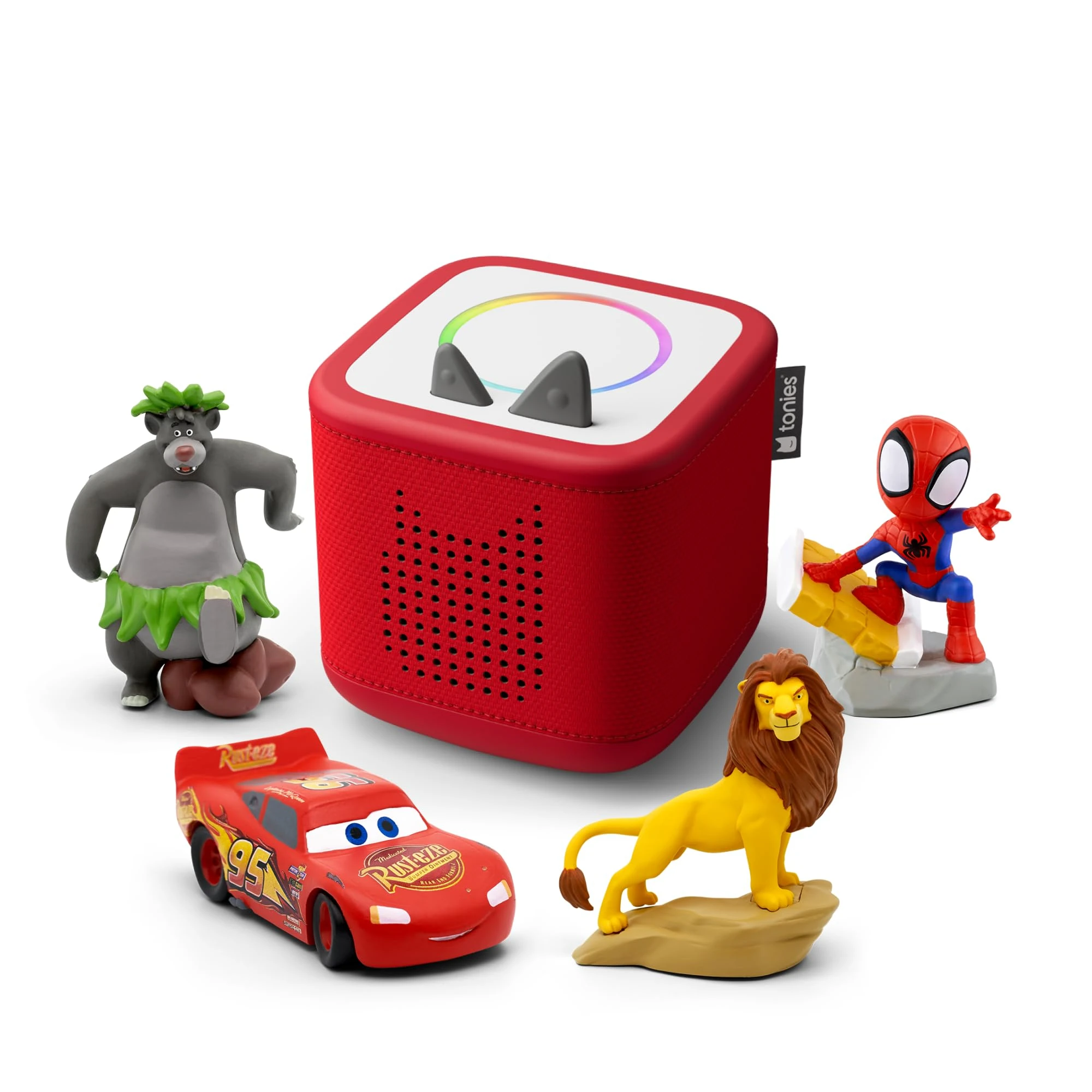 tonies Toniebox 2 Bundle Incl. 4 Tonies: Spidey and his Amazing Friends Spiderman, Disney Cars, Disney Lion King, Disney The Jungle Book, Sunset Red