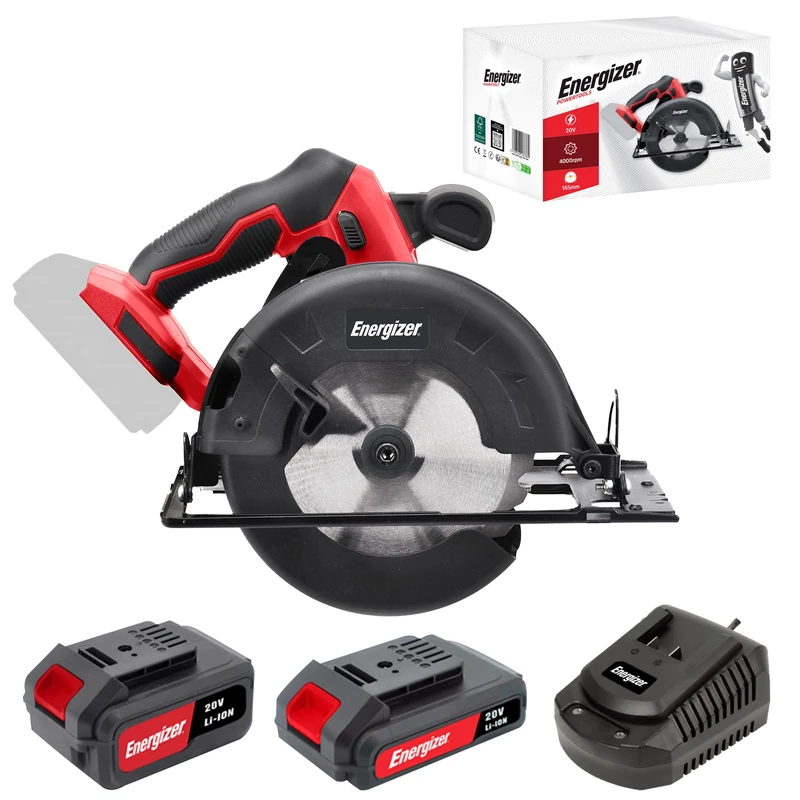 Energizer - Battery Circular Saw 20 V (Batteries Included) - 4000 RPM - 165 mm Blade/Cut up to 45 mm (33 mm at 45°) - Slide Guide + Change Key + Wood Blade Included