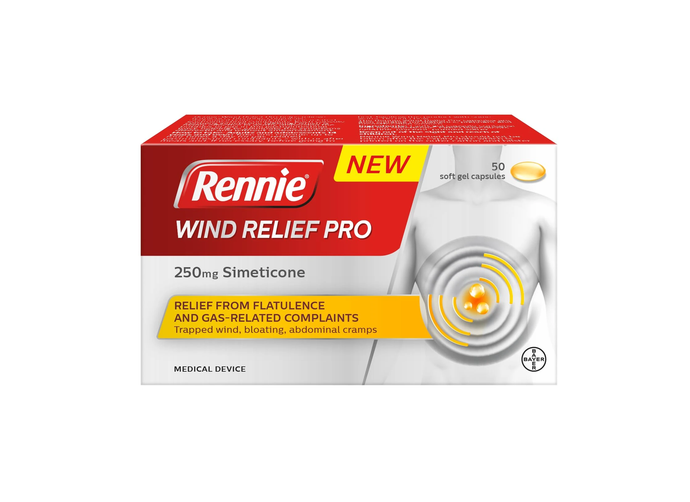 Rennie Wind Relief Pro, Effective Relief from Flatulence and Gas-Related Complaints, 250 mg Simeticone, 50 Soft Gel Capsules