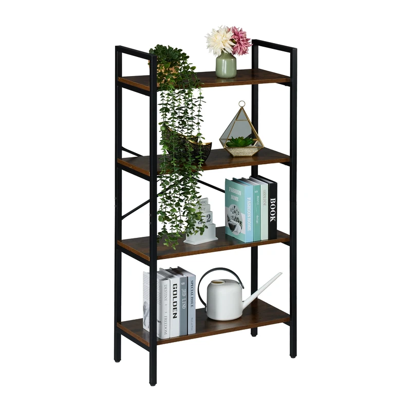 Relaxdays Bookcase, 4 Tiers, 122x60x32 cm, Shelving Unit, Industrial, Open Storage, Free-Standing Bookshelf, Brown/Black