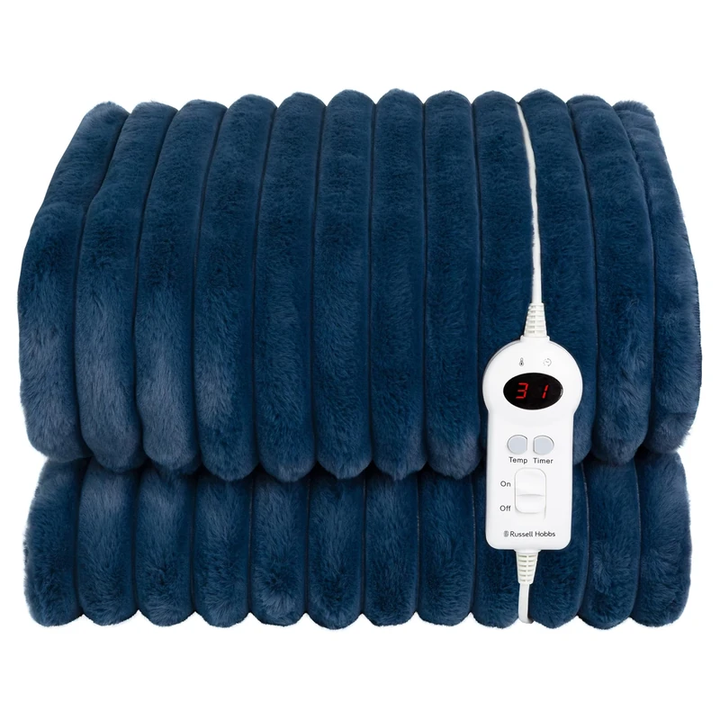 Russell Hobbs Electric Blanket Navy Blue Heated Throw Faux Fur & Sherpa 130 x 180 cm with Digital Remote, Auto Shutoff Overheat Protection 12 Hour Timer, 9 Heat Settings RHHT1005BLU