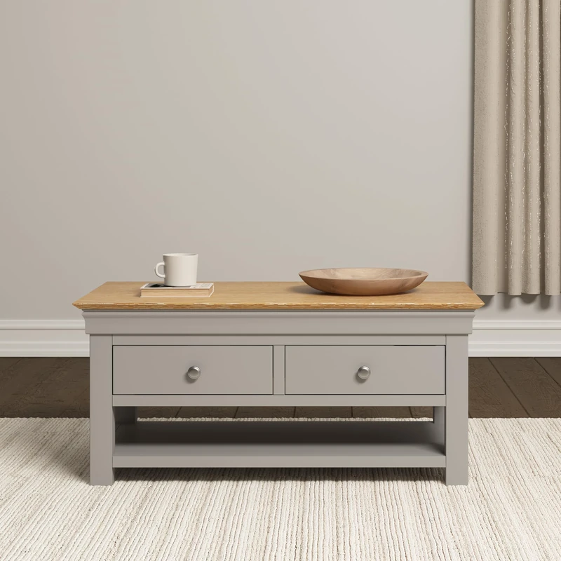 Seconique Bordeaux 2 Drawer Coffee Table in Pebble Grey/Oak