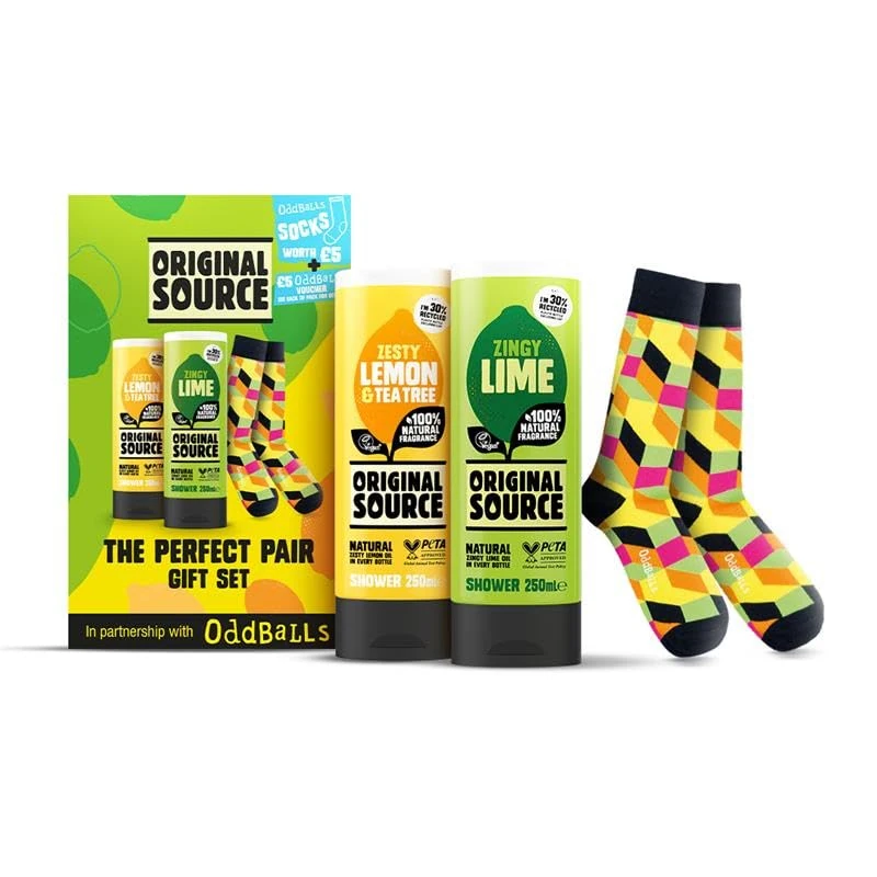 Original Source x Oddballs The Perfect Pair Gift Set with Lemon & Tea Tree and Lime Shower Gel and Socks, Gifts for Men, Birthday Gift, 100 Precent Naturual Fragrance, Vegan, Cruelty Free