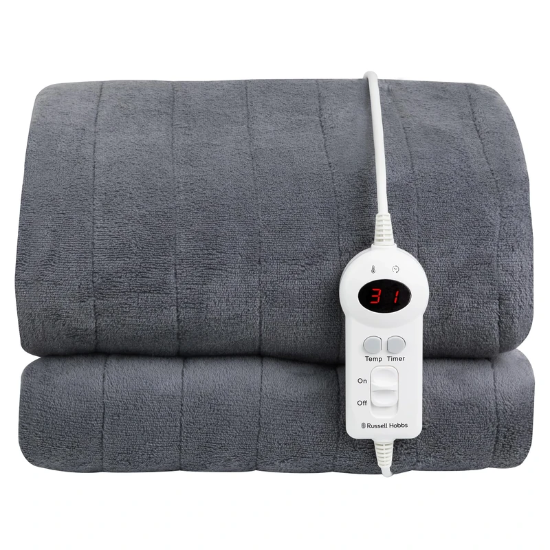 Russell Hobbs Electric Blanket Grey Heated Throw Microfleece 130 x 180 cm with Digital Remote, Auto Shutoff Overheat Protection 12 Hour Timer, 9 Heat Settings RHHT1004GR