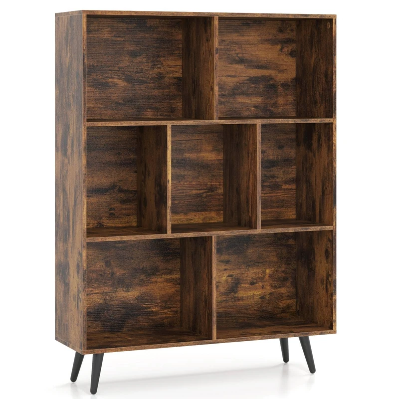 SFAREST Wooden Storage Bookcase, 7/8/10 Cube Open Bookshelf with 4/5/5 Metal Legs, 3-Tier Freestanding Display Cabinet Organizer for Office Living Room Bedroom Study (Rustic Brown, 80 x 24 x 107 cm)