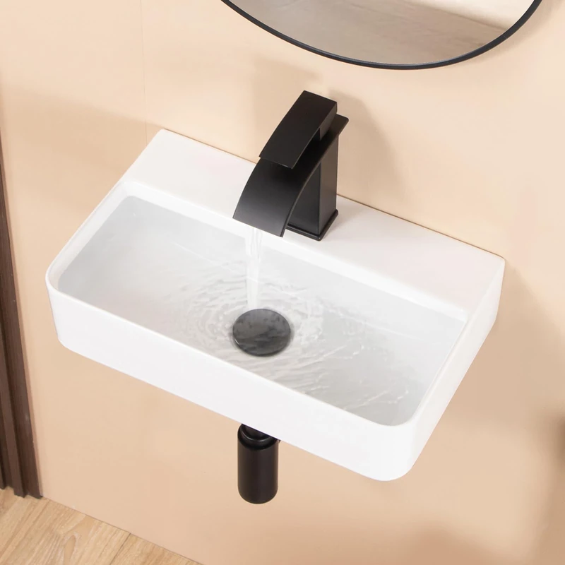 KARAMAG Small Vessel Sink 17.7"x11.2" Wall Mount Bathroom Sink Rectangular White Porcelain Ceramic Floating Tiny Bathroom Wall Mounted RV Sink