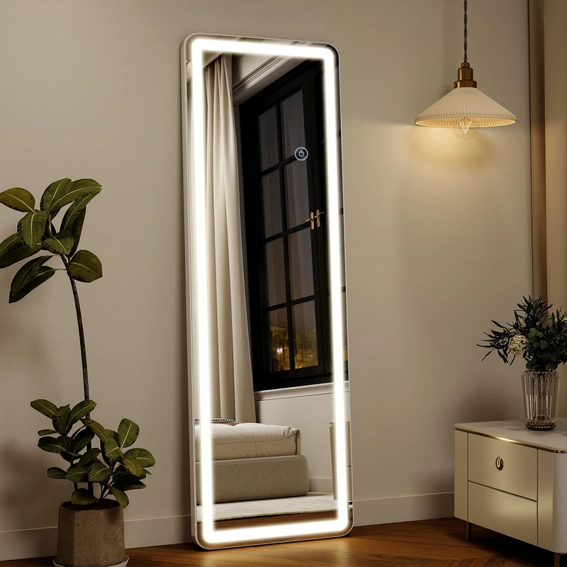 Koonmi 150x40 cm LED Full Length Mirror with Lights, Light-adjustable Full Body Mirror with Stand Equipped with Touch Buttons, White