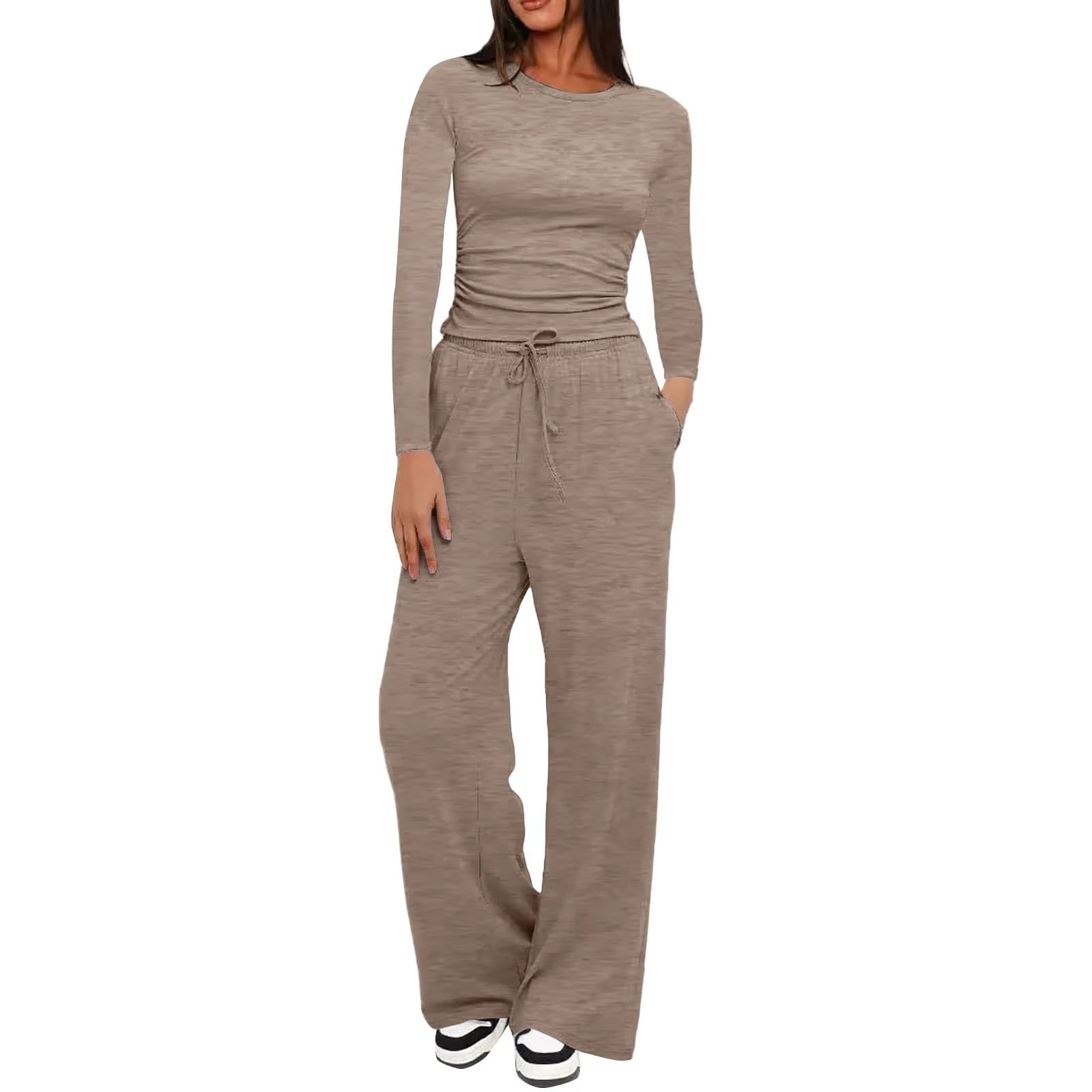 Women's Tracksuit Two Piece Outfit Dupe Long Sleeve Crop Top and Low Rise Flare Pants Set Lounge Sets 2 Piece Y2k Outfits Yoga Trousers Lounge Wear Sets for Women UK Khaki