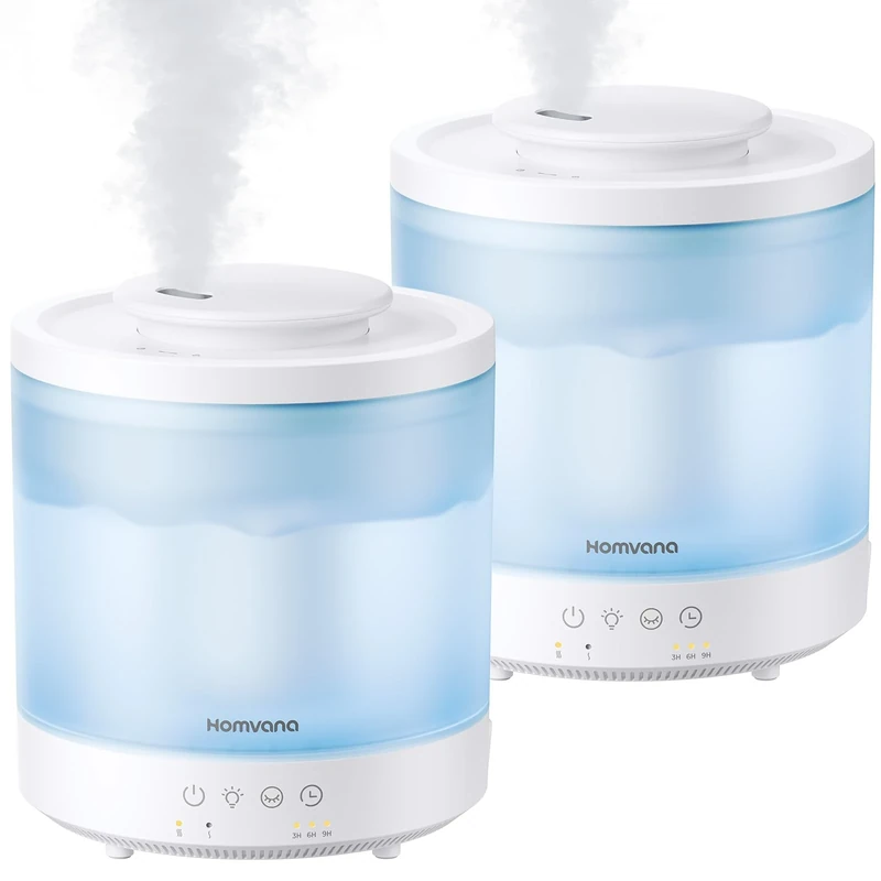 Homvana Humidifiers for Bedroom, 2-Pack 1.5 L Top-Fill Cool Mist Humidifier for Baby Nursery Plants Kids Home, 3-in-1 Diffuser with Night Light, Auto Mode, Esserntial Oil, BPA Free