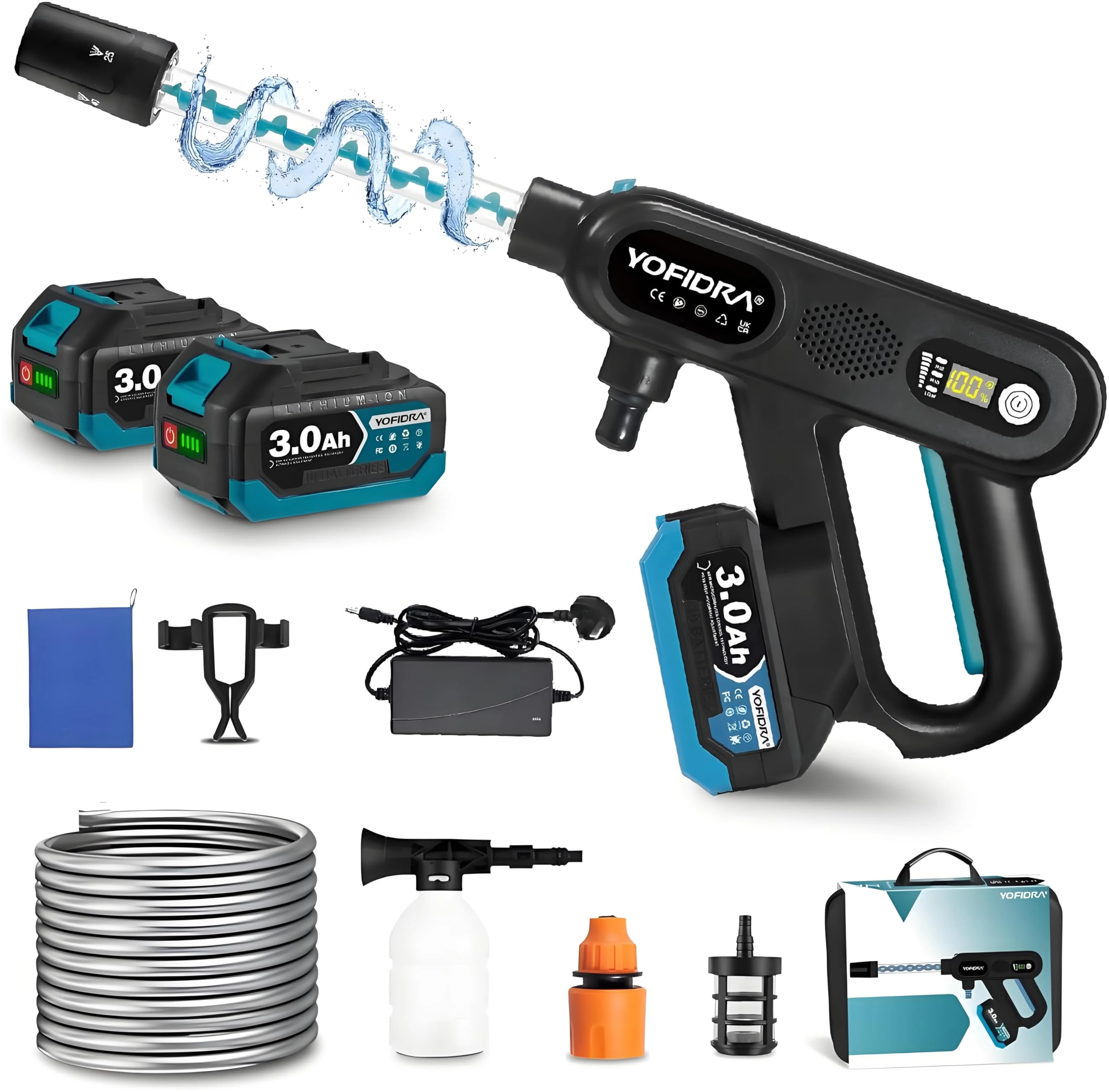 Yofidra Cordless Pressure Washer, 300W Portable Power Washer 4.5L/min Flow, with 2x3.0Ah Battery, 5m Hose, 3 Adjustable Modes 5 in 1 Battery Pressure Washer for Car Patio Garden Cleaning & Watering
