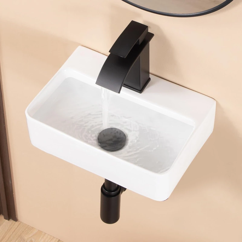 KARAMAG Small Vessel Sink 14"x10" Wall Mount Bathroom Sink Rectangular White Porcelain Ceramic Mini Floating Tiny Bathroom Wall Mounted RV Sink