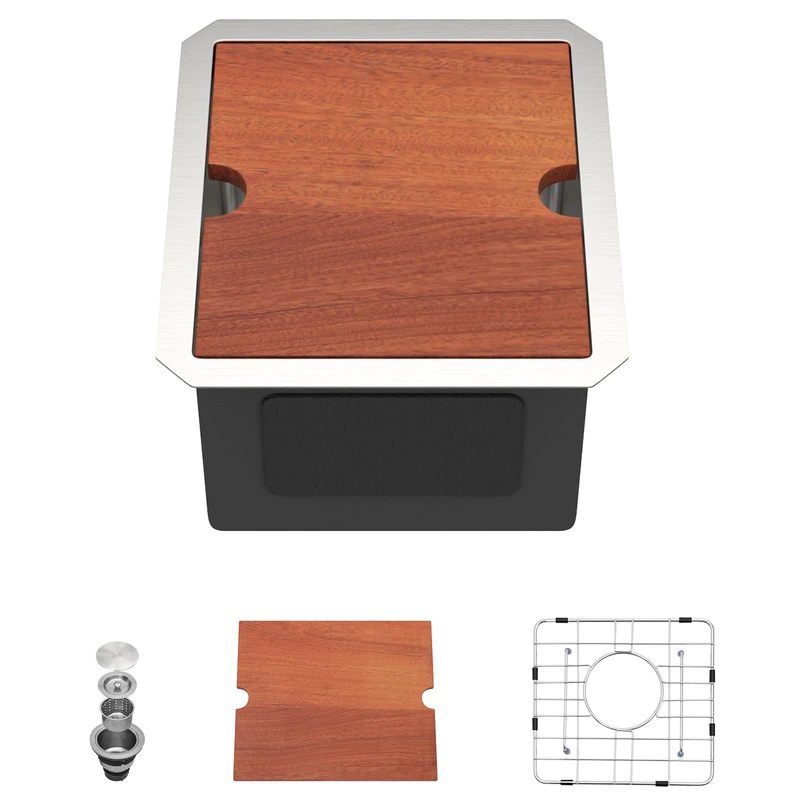 Dcolora Undermount Small Bar Sink 13x15x9 inches, Brushed 304 Stainless Steel, Heavy Duty 16 Gauce, Save Space with Full-Size Cutting Board #DC-UW258001