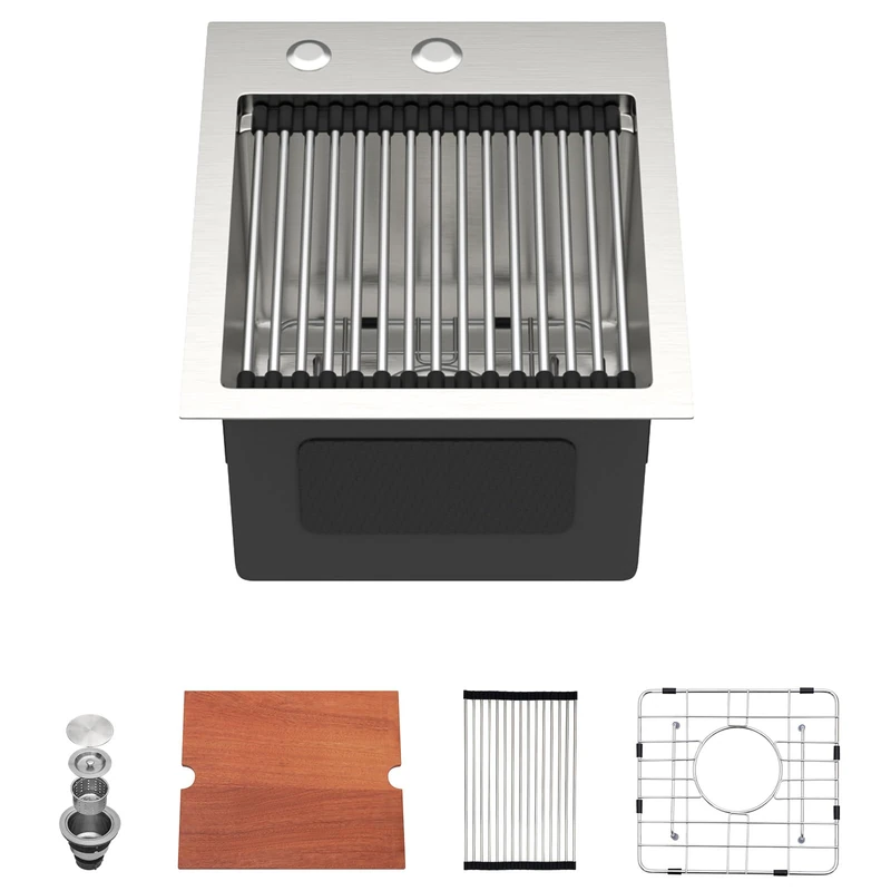 Dcolora Drop in Bar Sink 13x15x9 Inches, Workstation with Accessories, Brushed 304 Stainless Steel, Heavy Duty 16 Gauce, Small Single Bowl Perfect for Small Kitchen, Bar, Kitchen Island #DC-TW258005