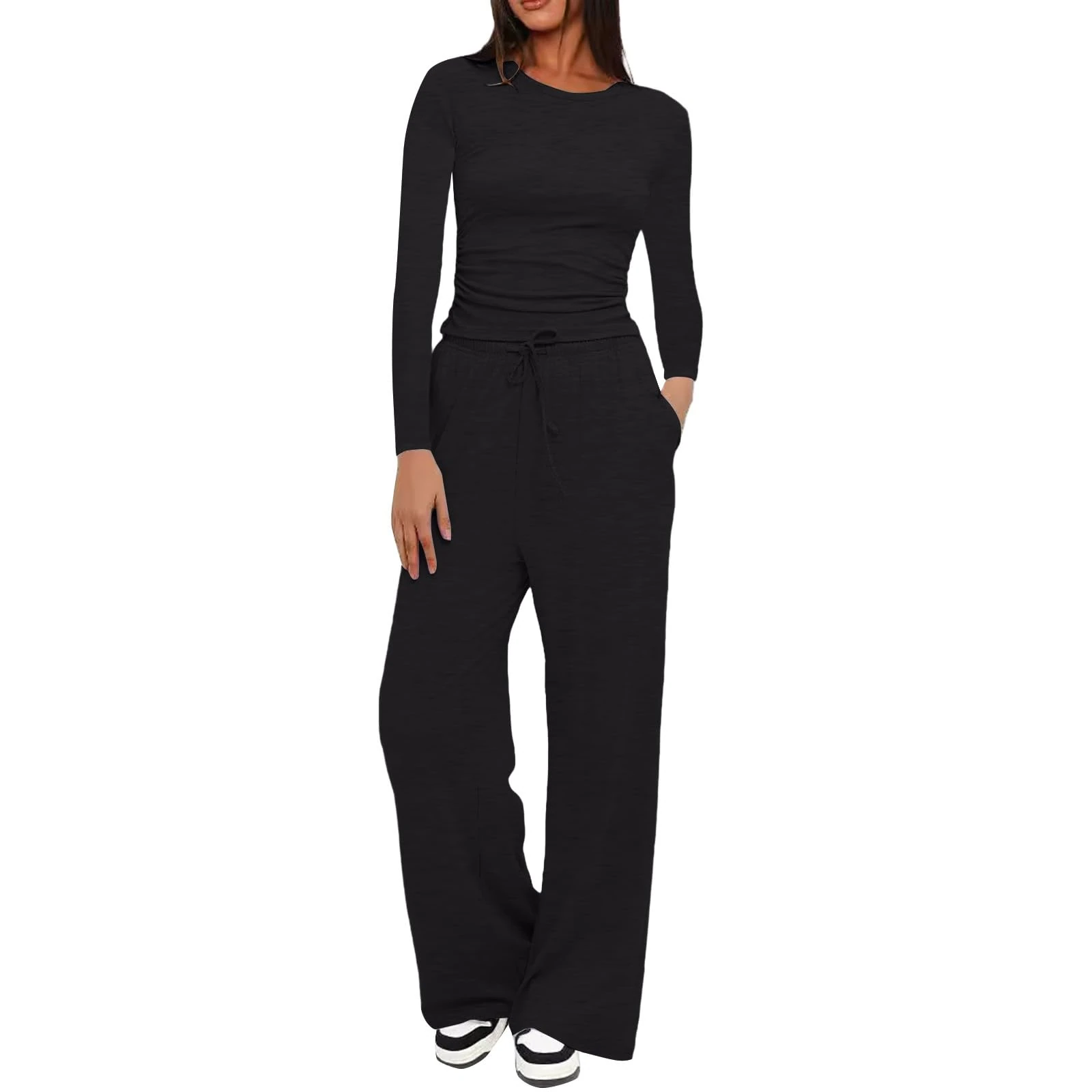 Women's Tracksuit Two Piece Outfit Dupe Long Sleeve Crop Top and Low Rise Flare Pants Set Lounge Sets 2 Piece Y2k Outfits Yoga Trousers Lounge Wear Sets for Women UK Black