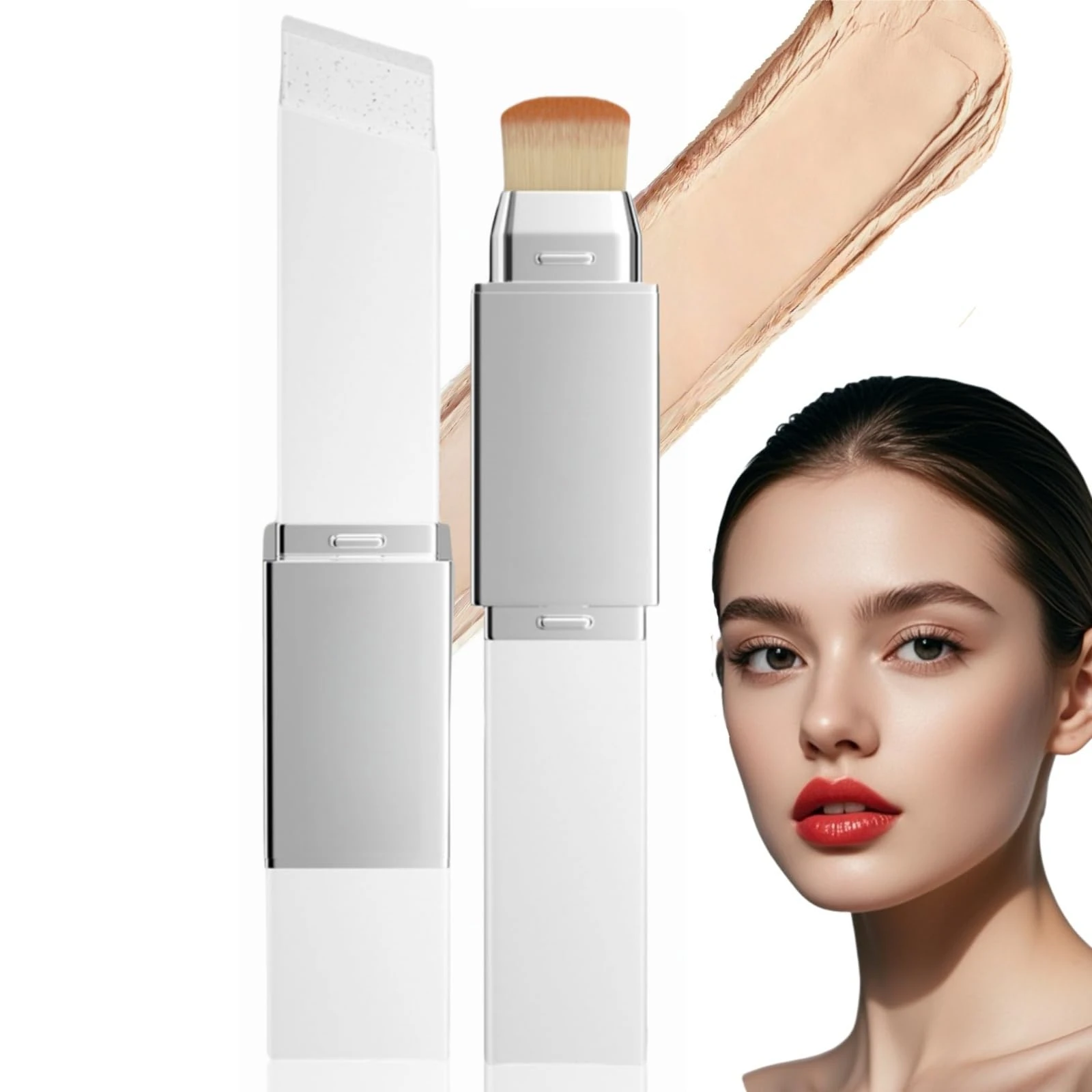 Colour Changing Foundation Stick,2-in-1 Full Coverage Foundation Stick with Brush,Korean Fou/ndation Sti/ck,Waterproof & Lightweight,White Founda/tion for All Skin Types,Long Lasting Makeup(Medium)