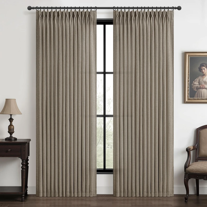 Extra Wide 70 Inch Linen Blend Semi Sheer Curtains 96 Inches Long for Living Room 2 Panels Set, Memory Trained Pinch Pleated Dark Flax Light Filtering Privacy Decorative Windows Drapes 8 FT Length