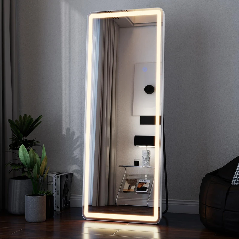Koonmi 165x60 cm LED Full Length Mirror with Lights, Light-adjustable Full Body Mirror with Stand Equipped with Touch Buttons, White