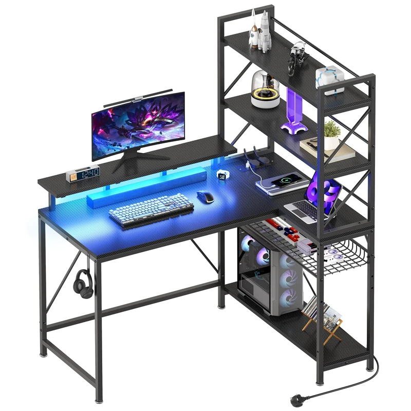 YITAHOME L Shaped Gaming Desk with Power Outlets & LED Lights Corner Desk with Shelves 120CM Reversible Computer Desk with Storage Shelves Gaming Desk with Hooks for Home Office(Carbon Fibre Black)