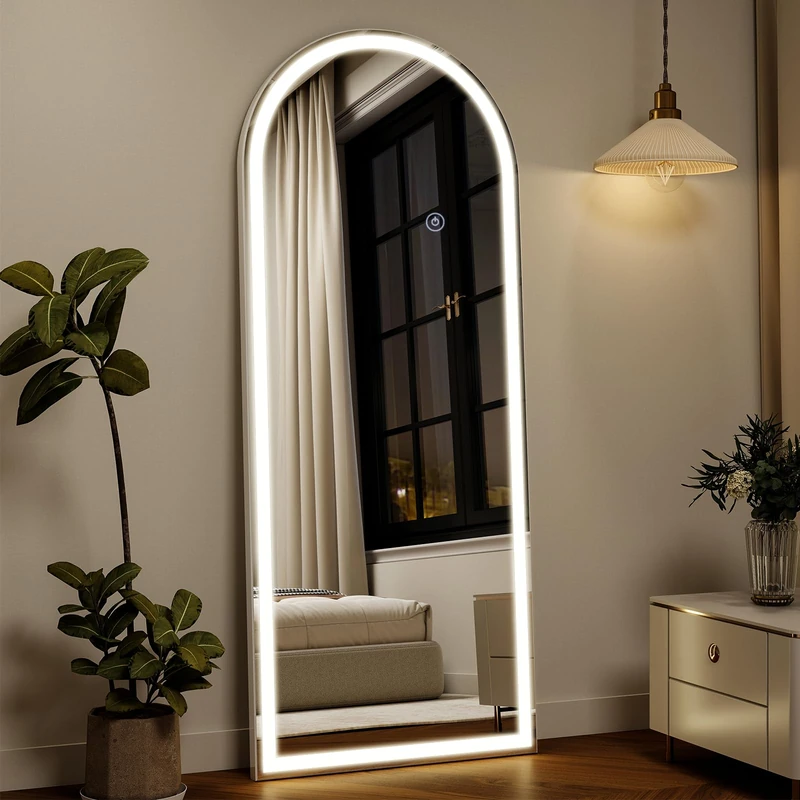 Koonmi 165x60 cm Arched LED Full Length Mirror with Lights, Light-adjustable Full Body Mirror with Stand Equipped with Touch Buttons, White