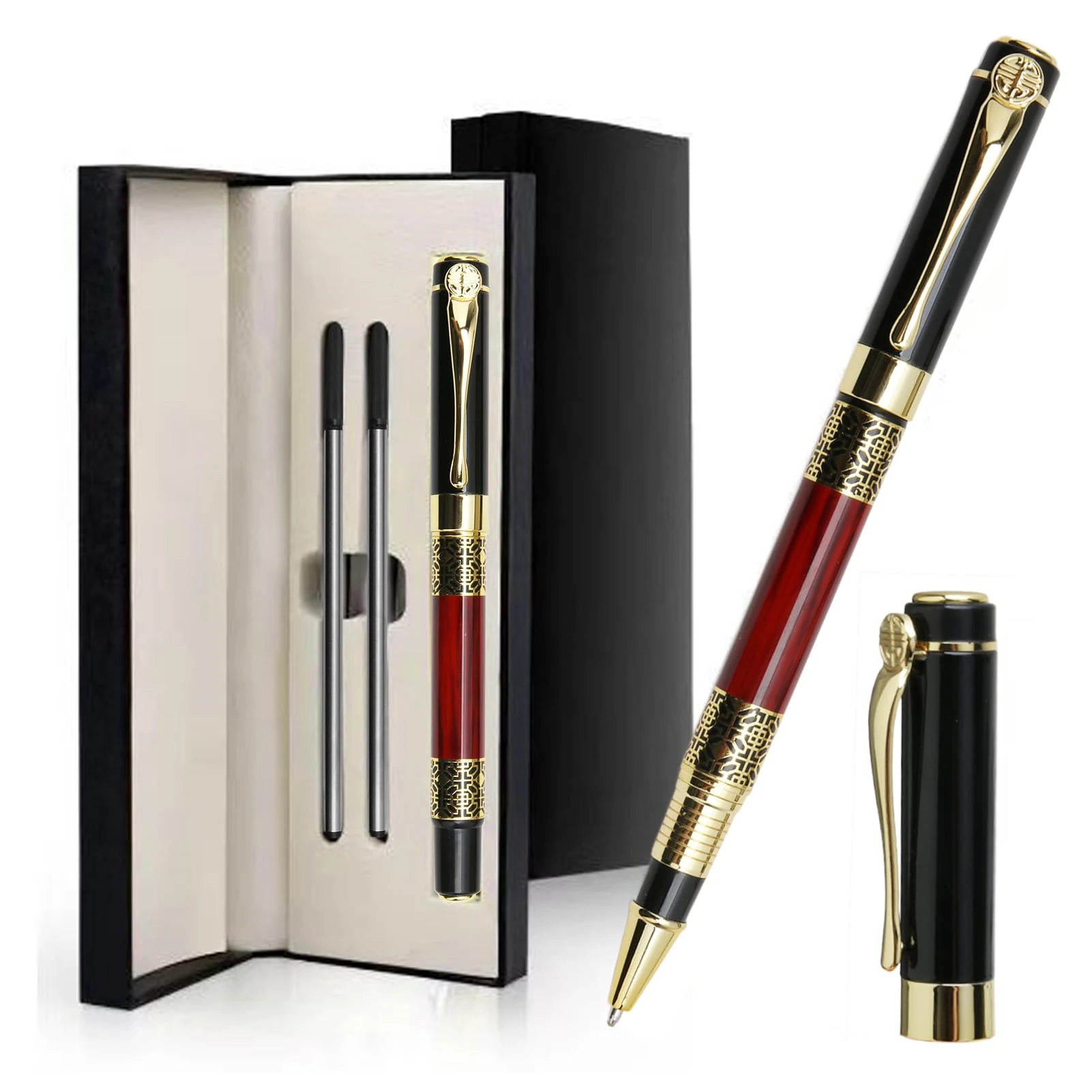 Wood Rollerball Pen Set Luxury Pen Gift Fancy Personalised Pen with Box Extra 2 Black Ink Refills Nice Pens for Writing Metal Ballpoint Pens for Men Women Executive Office Professional