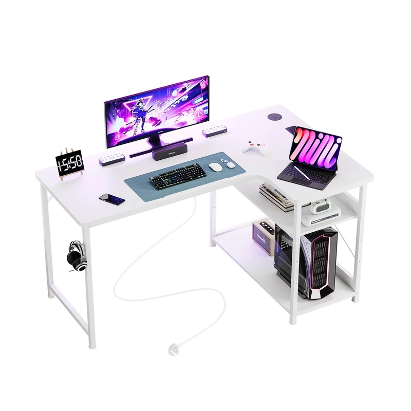 GTPLAYER L Shaped Gaming Desk, 130×80cm Computer Corner Desk with Power Outlets, Storage Shelves, Headphone Hook, Desks & Workstations for Home Office Play Study
