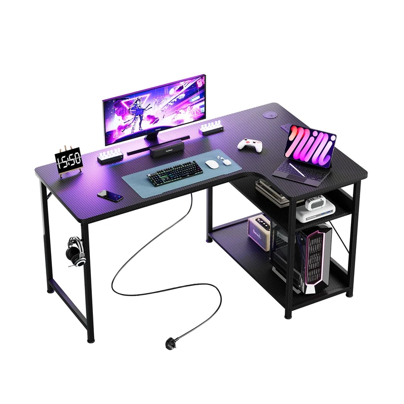 GTPLAYER L Shaped Gaming Desk, 130×80cm Computer Corner Desk with Power Outlets, Storage Shelves, Headphone Hook, Desks & Workstations for Home Office Play Study