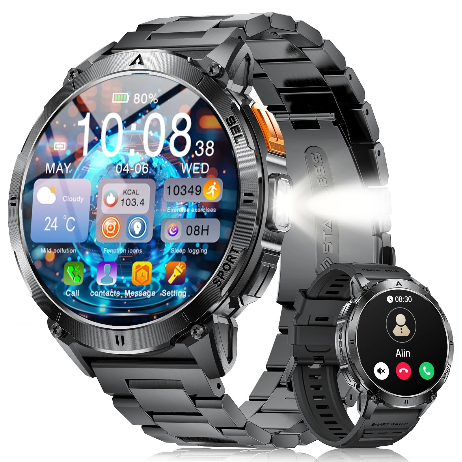 LIGE Military Smart Watch for Men with Bluetooth Call,1.62" AMOLED with LED Flashlight/730mAh,100+ Sports Mode Tactical Fitness Tracker/Heart Rate Sleep Health Monitor/IP68 Waterproof for Android iOS