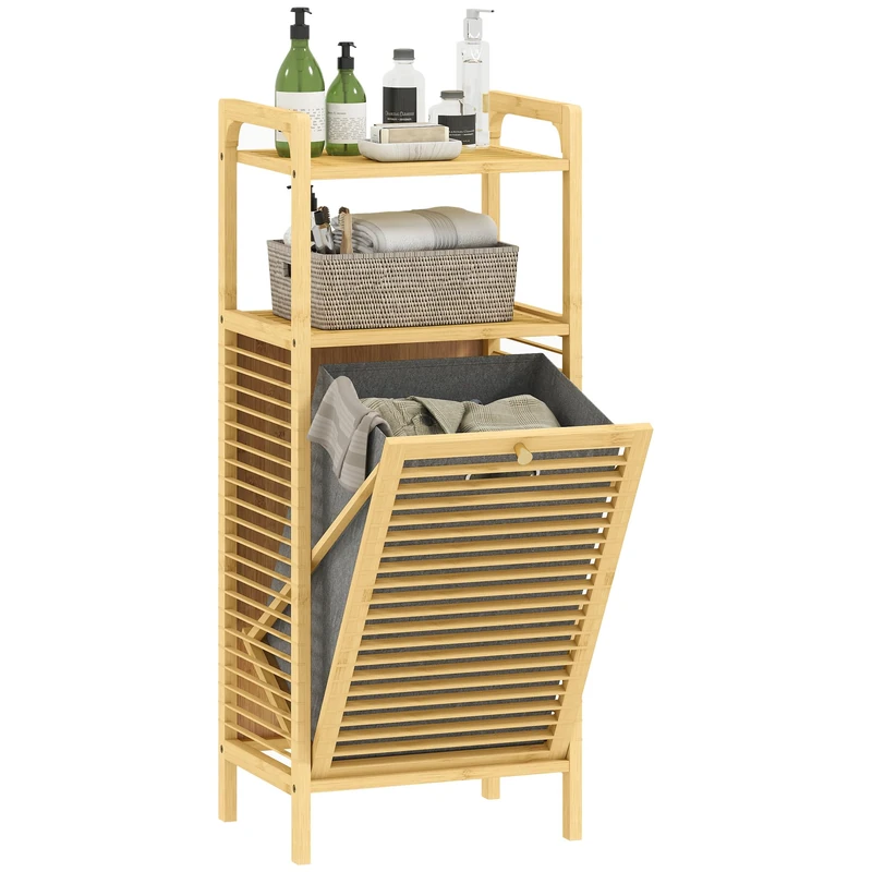 HOMCOM Bamboo Laundry Storage Unit, Bathroom Cabinet with Shelf, Swing Laundry Basket, Slatted Door and Removable Storage Bag, 40 x 30 x 95 cm, Natural Wood Effect