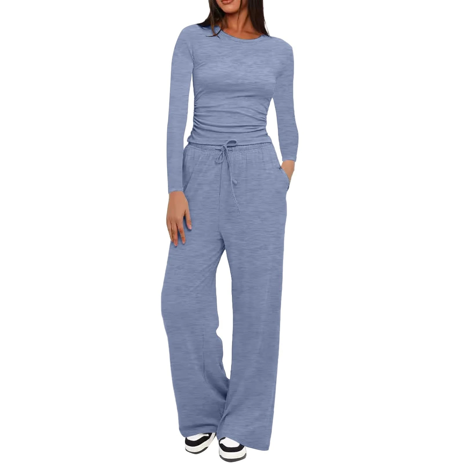 Travel Outfits for Women UK Two Piece Outfits Stretch Long Sleeve Crop Top and Drawstring Elastic Waist Wide Leg Trouser Dupe Lounge Sets Y2k Ladies Yoga Trousers Suit Light Blue
