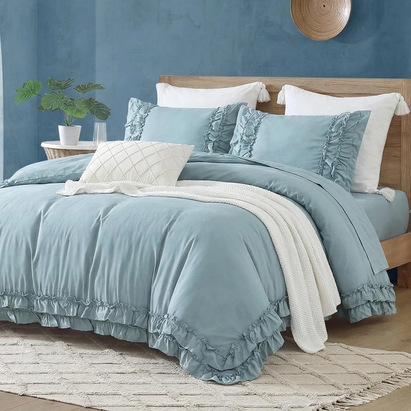 Bedorm Grayish Blue Comforter King Ruffled Bedding Set Shabby Chic Ruffle Fringe Boho Bedroom Decor Super Soft Cozy Blue Bedding Comforter Set