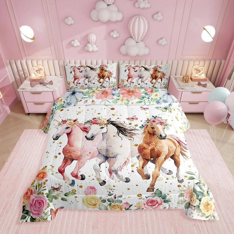 Erosebridal Western Horse Queen Comforter Set for Girls,Retro Pink Cowgirl Horses Bedding Sets for Kids Teen,Country Rustic Farmhouse Bed Set,Butterfly & Flower Room Decor with 2 Pillowcases