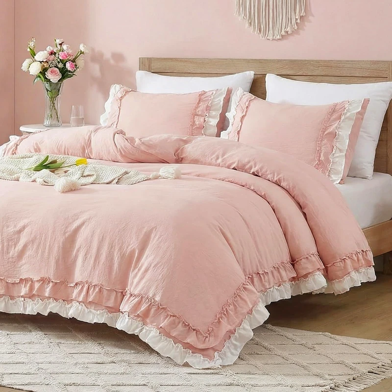 Bedorm Pink Ruffled Comforter King Coquette Bedding Set White and Pink Ruffle Fringe Romantic Bedroom Decor Shabby Chic Farmhouse Country Comforter Set