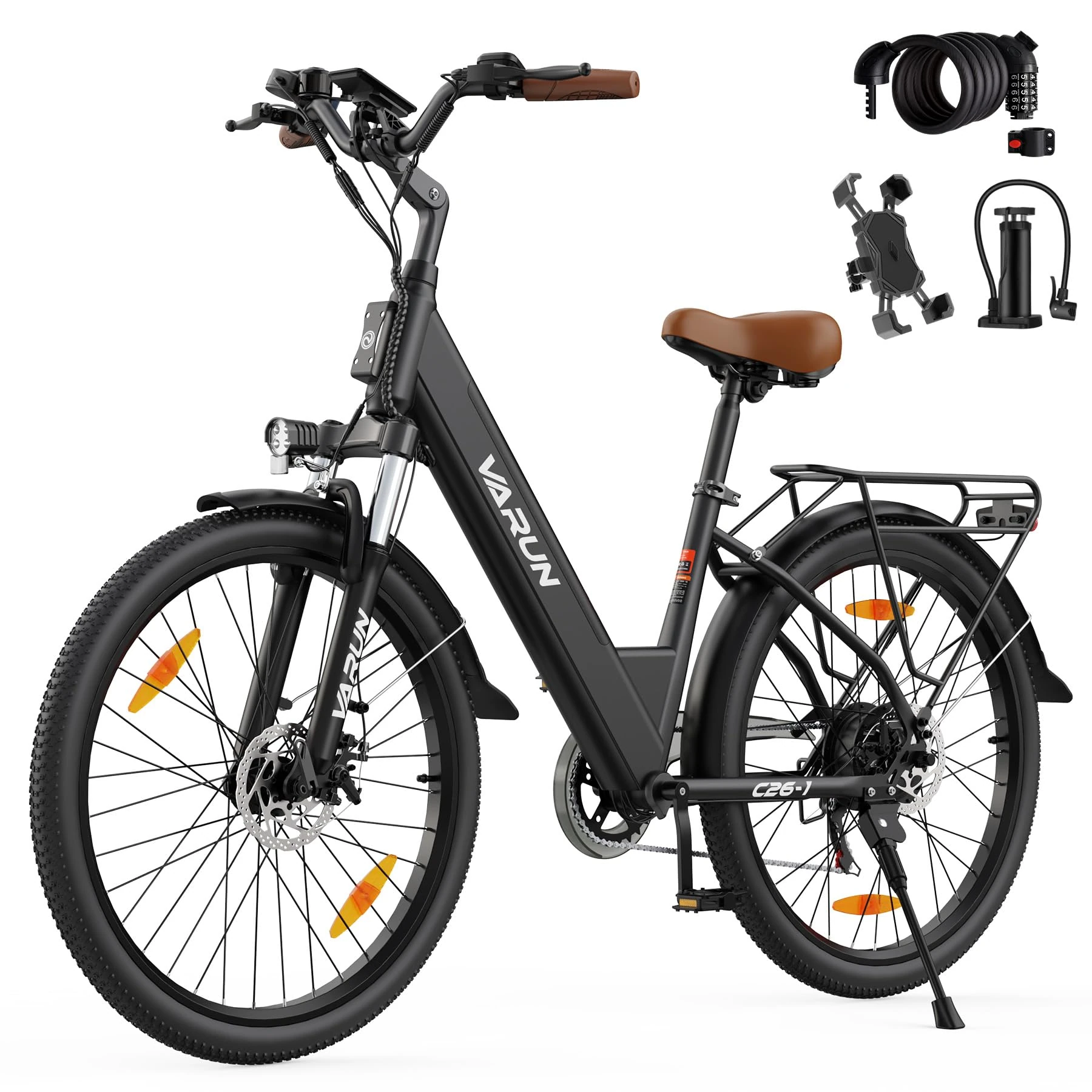 VARUN Electric Bike, 26" City E Bike with 55NM Motor, 48V 499.2Wh Removable Battery, 7-Speed Gear, LCD Display, 100km Range, Commuter Electric Bike for Men and Women