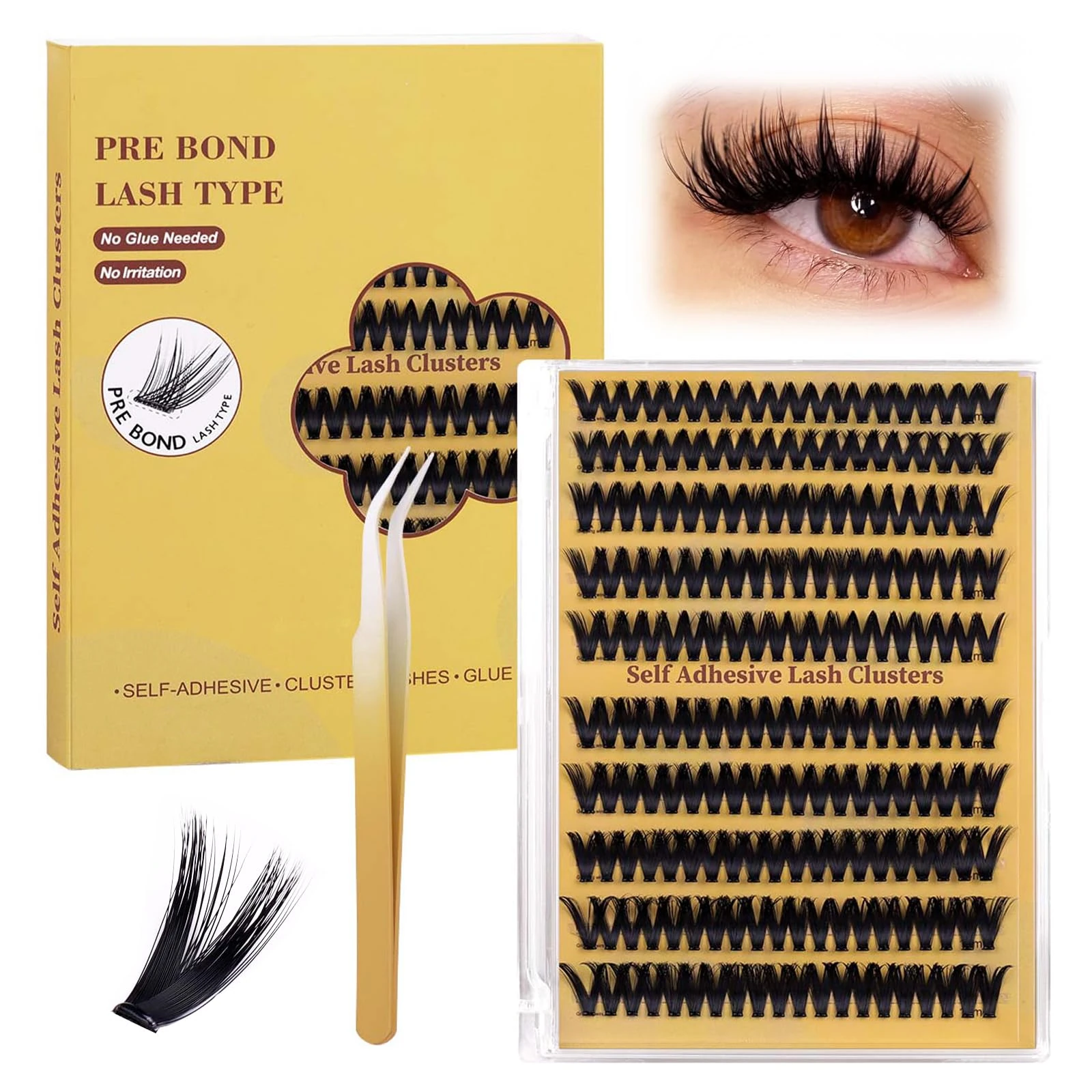 Pre Glued Eyelashes 200PCS Self Adhesive Eyelashes Wispy & Natural Cluster Lashes Individual Kit for Extension Reusable Fake Lashes Kit with Lash Tweezers for Girls and Women(10-16mm)-MJ10-04