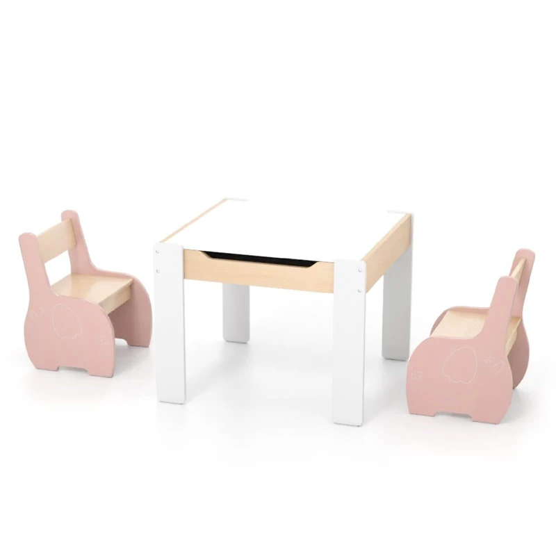 GYMAX Kids Table and Chair Set, Children Activity Desk with 2 Chairs, Reversible Blackboard Tabletop and Hidden Storage Space, 3 Pieces Wooden Toddler Furniture Set for Boys Girls (Pink+White)