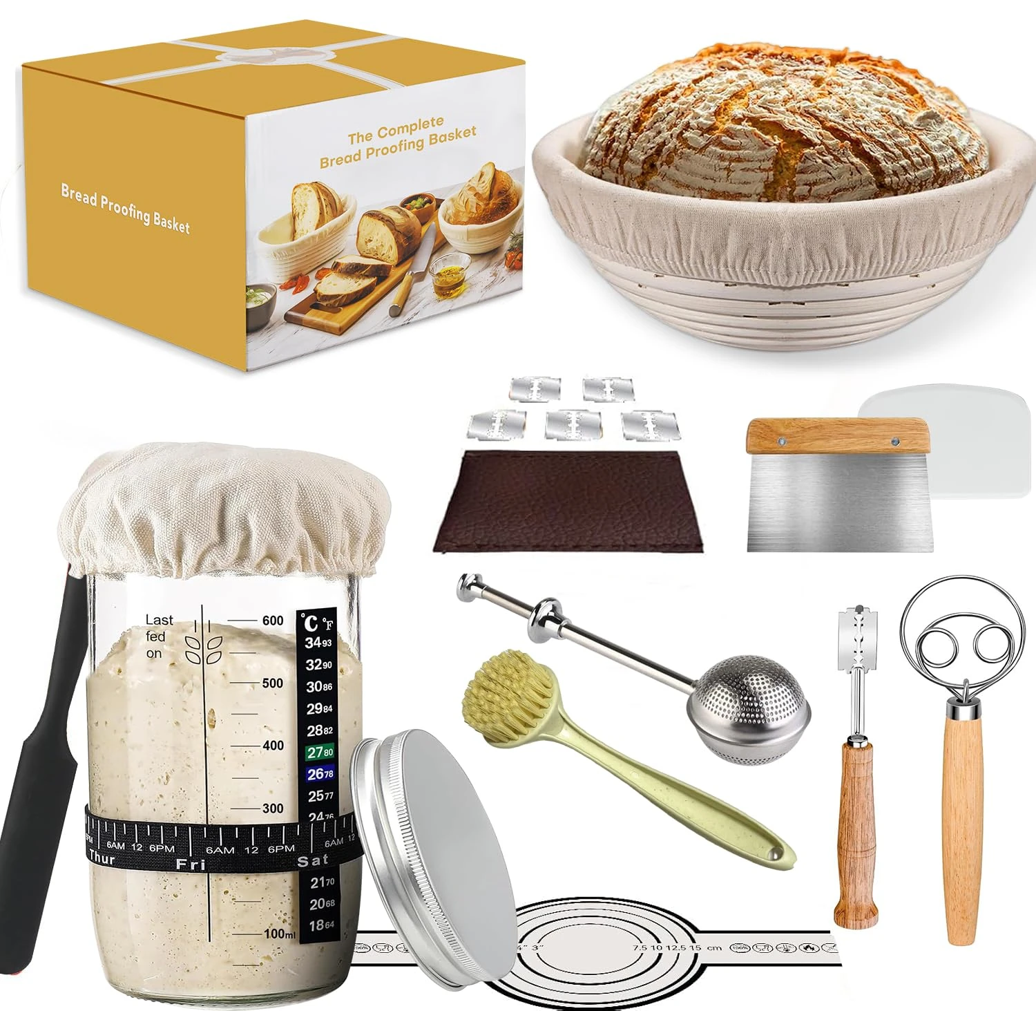 Sourdough Starter Kit, Sourdough Kit Include Banneton Proofing Basket, Sourdough Starter Jar, Bread Lame, Dough Scraper, Dough Whisk Scraper and Silicone Bread Sling