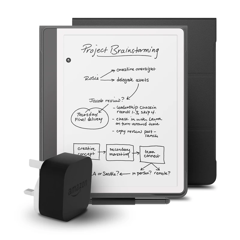 Kindle Scribe (2024 Release) 16 GB, an Amazon Premium Leather Cover and an Amazon Powerfast 9W Power Adapter