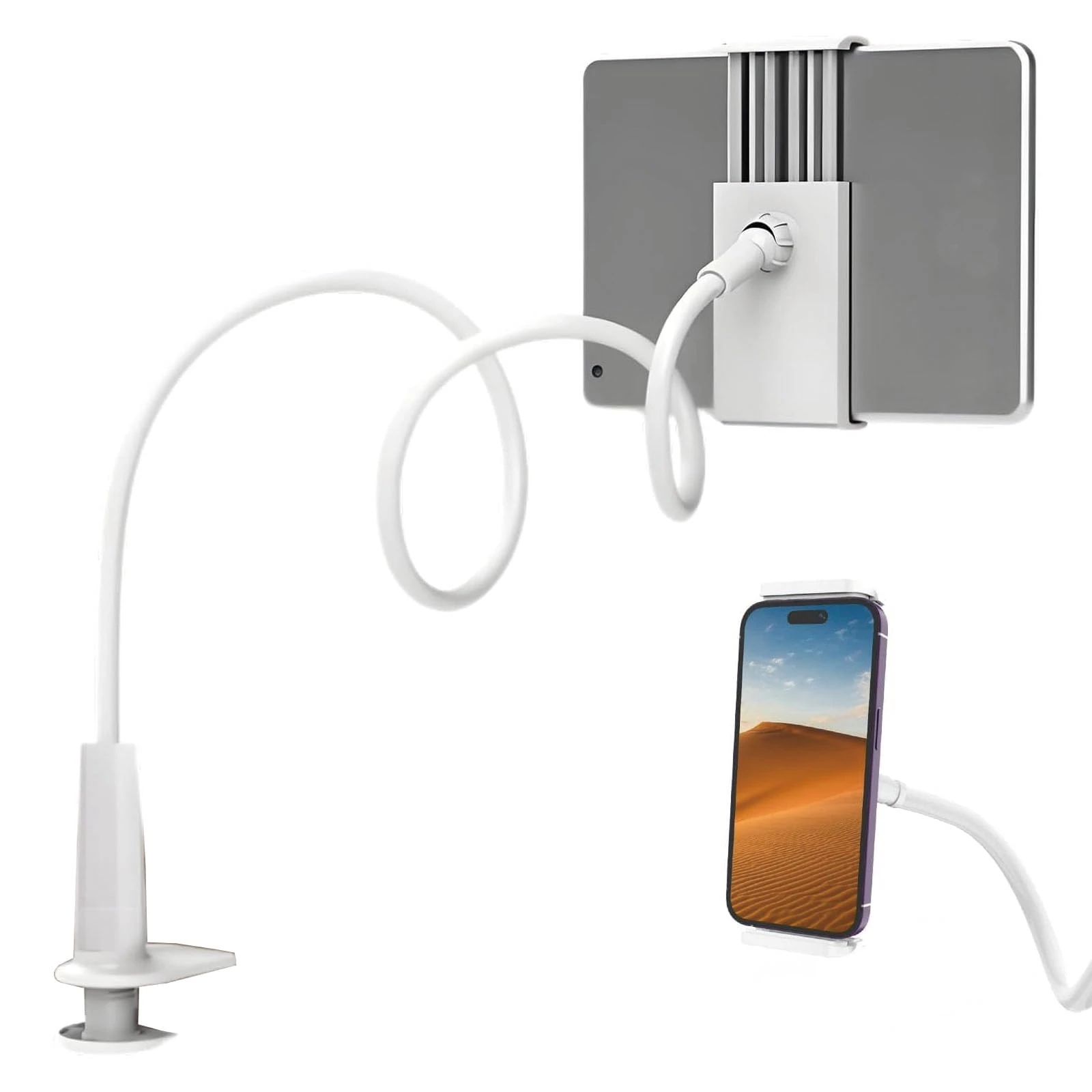 Kindle Holder, Kindle Holder for Reading in Bed, 360 Degree Rotation Gooseneck Flexible Arm Kindles Stand, Suitable for Most Mobile Phones, Tablets and Other Devices. (White)