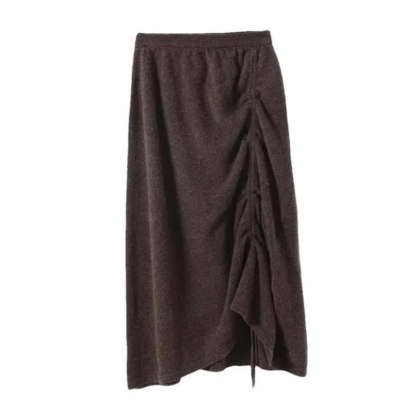 Women's Mid-Length A- Line Knitted Mini Skirt High Waist Solid Wool 100% One-Step Body-Skimming Skirt Brown One Size